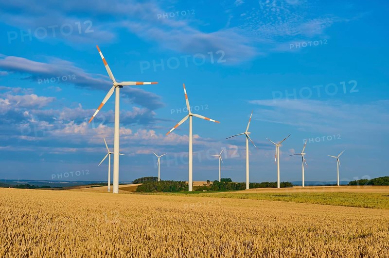 A wind farm on wide fields with several wind turbines under a blue sky, summer, Höhefeld, Wertheim, Baden-Württemberg, Germany