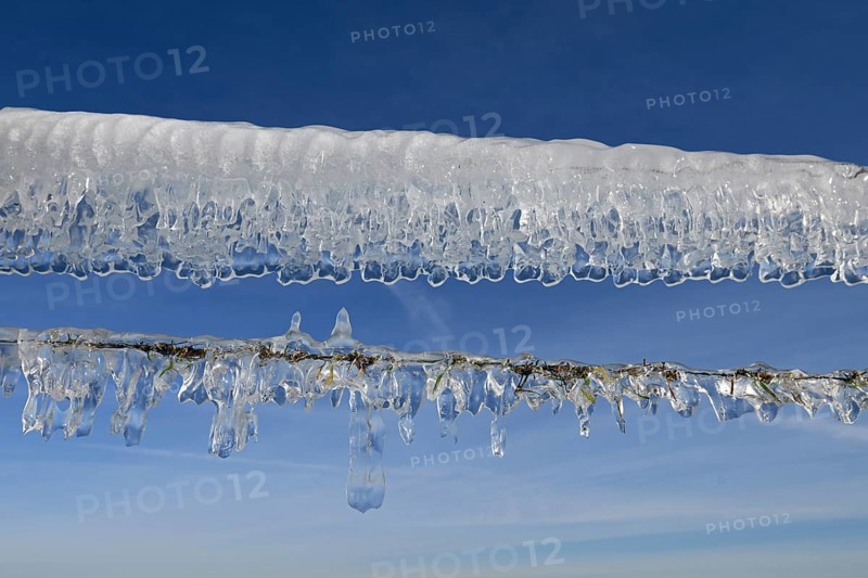Ice age... Curtain of icicles (Rhine flood) on a pasture fence on Bislicher Insel in winter 2020 -2021, weather situation, Bislicher Insel near Xanten, nationally known nature reserve, Wesel district, Lower Rhine, Rhineland, North Rhine-Westphalia, Germany, Western Europe