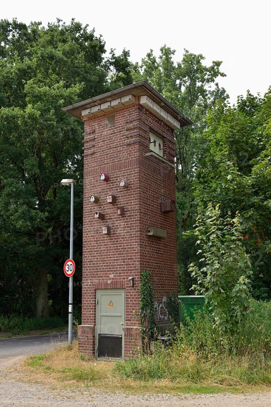 Former transformer station was converted into a bird protection station, nature conservation station, nesting aids for birds and insects, including swifts, swallows, barn owls and kestrels, Mönchengladbach (Hilderath), North Rhine-Westphalia, Lower Rhine, Germany, Western Europe