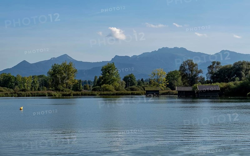 Calm lake with mountains in the background, surrounded by trees and a clear blue atmosphere, Chiemsee, Bavaria, Germany