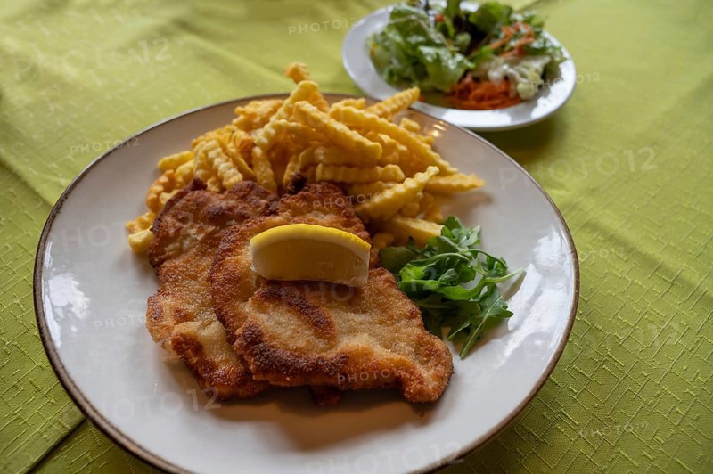Wiener Schnitzel with French fries and salad, Bavaria, Germany