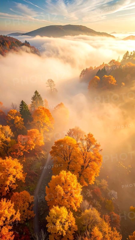 Mystical foggy landscape in autumn, colorful forest with fog in an aerial drone view, AI generated
