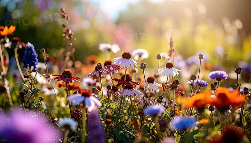 Bee-friendly garden design, colorful variety of blooming flowers in the summer, AI generated