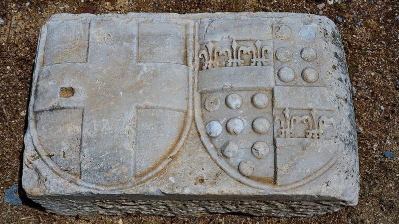 Ancient stone slab with engraved coats of arms and symbols, Abandoned Village, Lost Place, Pyli, Paleo Pyli, Byzantine Fortress, Kos, Dodecanese, Greek Islands, Greece