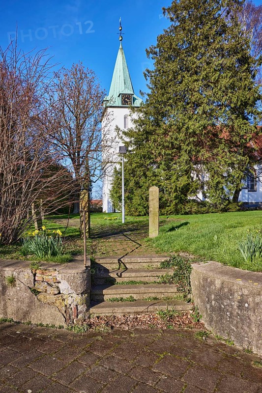 Evangelical Lutheran Church Hille, wall, stairs, bare wintry trees, blue cloudless sky, Eickhorster Straße, Hille, Mühlenkreis Minden-Lübbecke, North Rhine-Westphalia, Germany