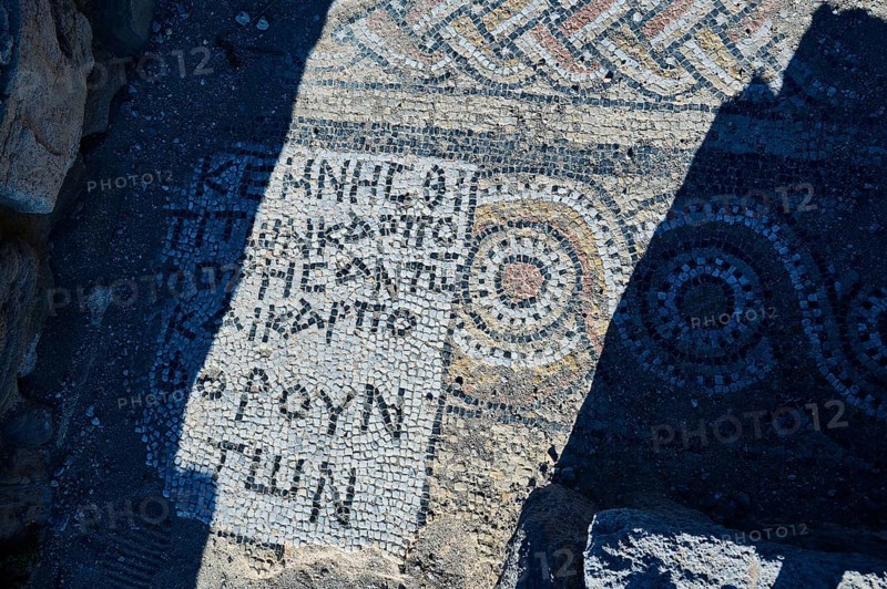 View of antique mosaic with intricate patterns and shadow effect, Agios Stefanos Beach, Agios Stefanos Basilica, Chapel of Agios Nikolaos, Kastri Island, Kos, Dodecanese, Greek Islands, Greece