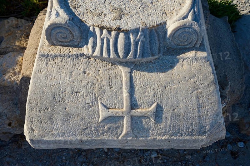 Detail of a stone pedestal with engraved cross and decorations, Agios Stefanos Beach, Agios Stefanos Basilica, Chapel of Agios Nikolaos, Kastri Island, Kos, Dodecanese, Greek Islands, Greece