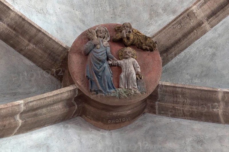 Mary dragging the infant Jesus into the school, keystone in the altar vault of the Church of Our Lady, Nuremberg, Middle Franconia, Bavaria, Germany