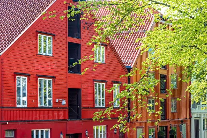 Norway, scenic Trondheim town. Bakklandet, a famous tourist travel destination with colorful houses