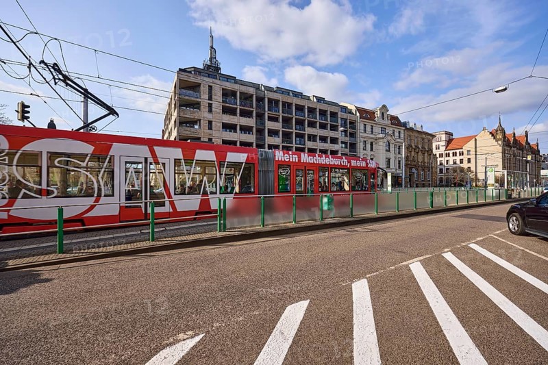 Tram stop Domplatz, overhead lines, tram, street, general architecture, blue sky, cumulus clouds, Breiter Weg, Magdeburg, state capital, independent city, Saxony-Anhalt, Germany