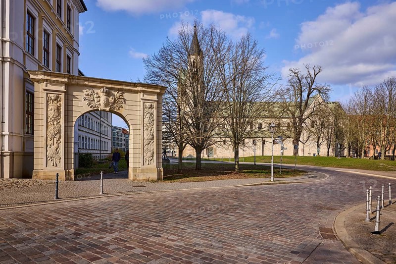 Stargate at the cathedral square, archway, bollards, monastery, church, bare winter trees, baroque architectural style, blue sky, cumulus clouds, cathedral square, government road, Magdeburg, state capital, independent city, Saxony-Anhalt, Germany