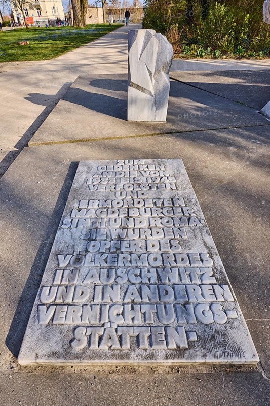 Memorial to the Persecution of the Sinti and Roma, park, path, blue sky, Am Dom, Magdeburg, state capital, independent city, Saxony-Anhalt, Germany