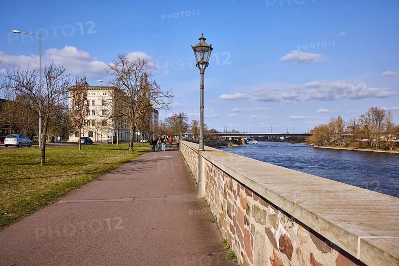 River Elbe, riverside promenade, sandstone wall, lantern, lawn, bare winter trees, car and pedestrian bridge, blue sky, cumulus clouds, Neue Strombrücke, Schleinufer, Magdeburg, state capital, independent city, Saxony-Anhalt, Germany