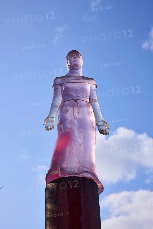 Mechthild von Magdeburg, sculptor Susan Turcot, sculpture, transparent plastic, blue sky, cumulus clouds, Magdeburg, state capital, independent city, Saxony-Anhalt, Germany