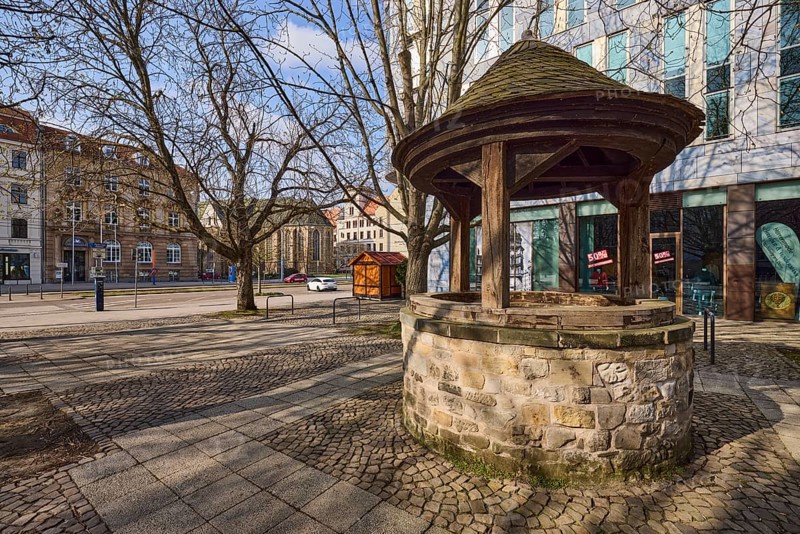 Historical fountain, Bare winter trees, General architecture, Blue sky, Cumulus clouds, Domplatz, Breiter Weg, Magdeburg, State capital, independent city, Saxony-Anhalt, Germany