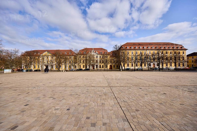 Ministry of Justice, hotel, Motel One, Knautsches Palais, Royal Prussian City Palace, historic houses, baroque architectural style, bare wintry trees, blue sky, cumulus clouds, cathedral square, Magdeburg, state capital, independent city, Saxony-Anhalt, Germany