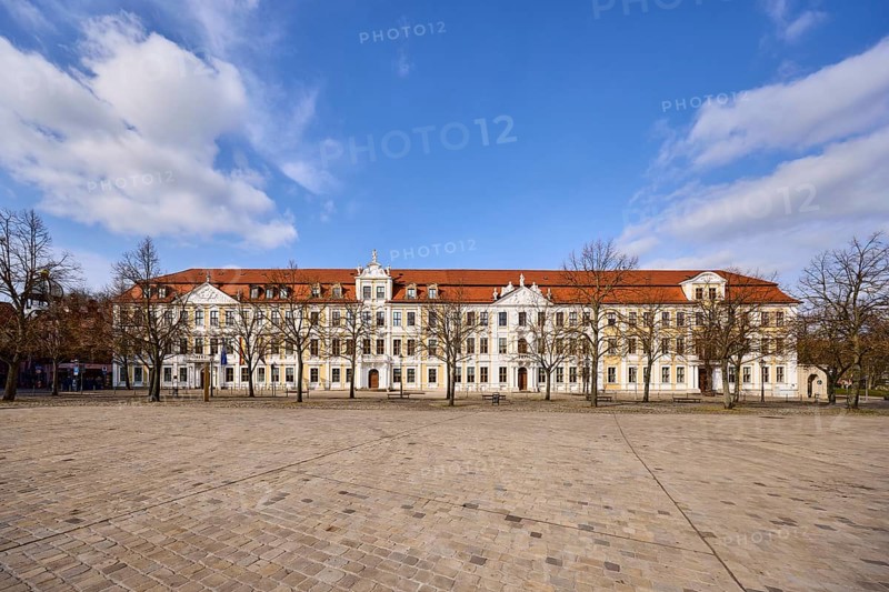 State parliament, historic houses, baroque architectural style, row of houses, bare wintry trees, cobblestone square, blue sky, cumulus clouds, cathedral square, Magdeburg, state capital, independent city, Saxony-Anhalt, Germany