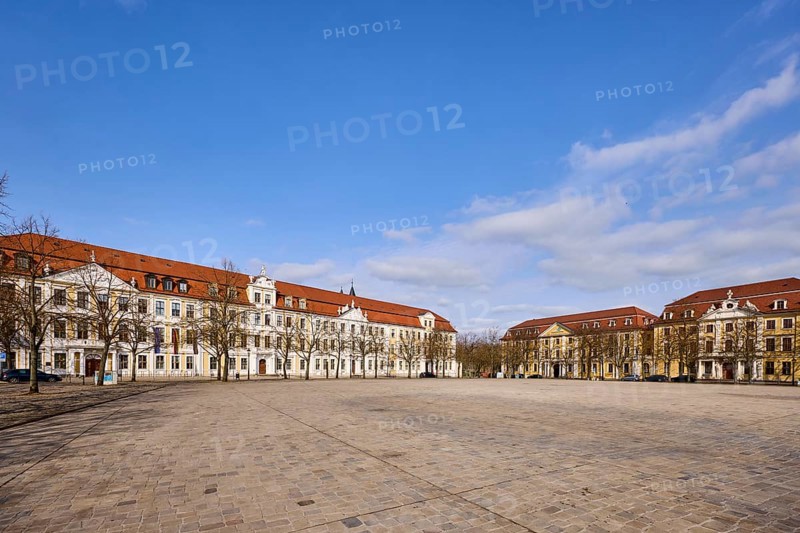 State parliament, hotel, Motel One, Ministry of Justice, row of houses, historic building, baroque architectural style, bare winter trees, square of cobblestones, blue sky, cumulus clouds, cathedral square, Magdeburg, state capital, independent city, Saxony-Anhalt, Germany