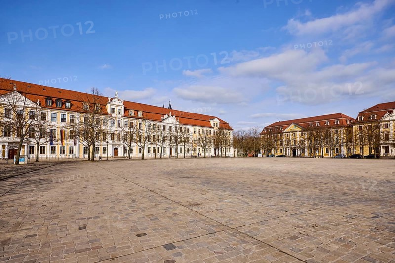 State parliament, hotel, Motel One, row of houses, historic building, baroque architectural style, bare winter trees, cobblestone square, blue sky, cumulus clouds, cathedral square, Magdeburg, state capital, independent city, Saxony-Anhalt, Germany
