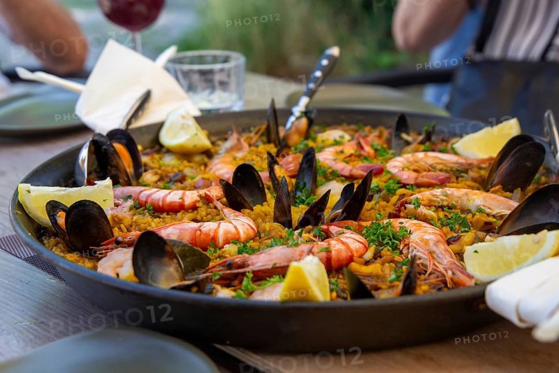 Close-up of a paella with scampi and other seafood