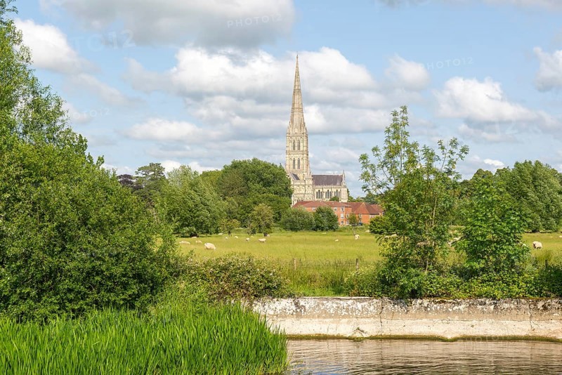 View from Harnham Lock over water meadows to Salisbury cathedral church, Salisbury, Wiltshire, England, UK