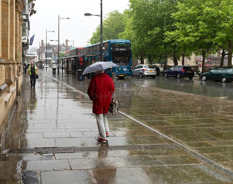 Woman with umbrella walking in heavy rain, city centre of Salisbury, Wiltshire, England, UK