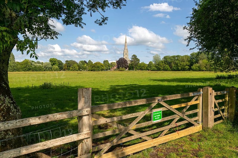 Conservation Area gate view over meadows to Salisbury cathedral church, Salisbury, Wiltshire, England, UK
