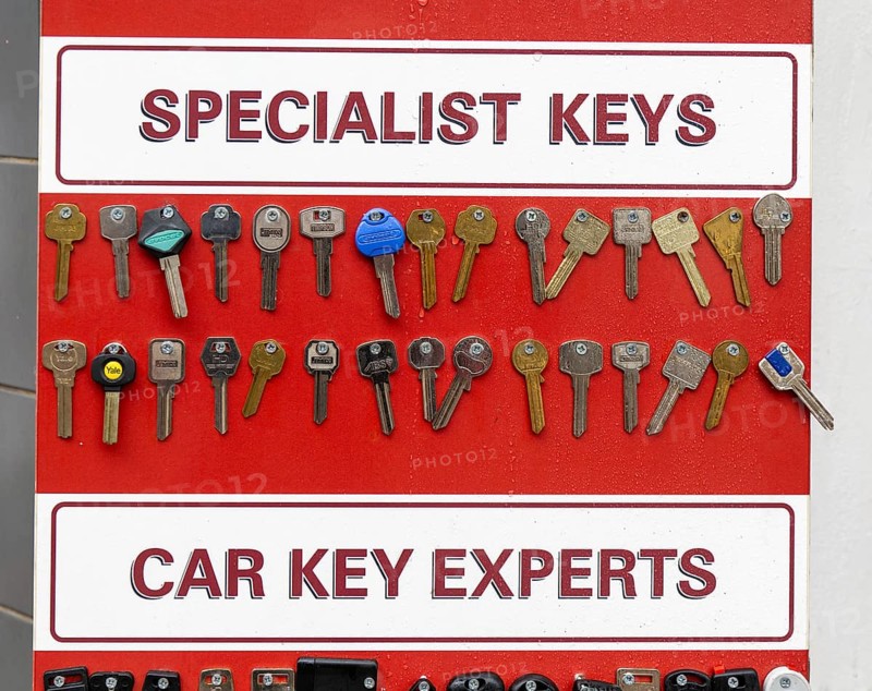 Close up display of keys outside Timpson locksmith shop, Salisbury, Wiltshire, England, UK