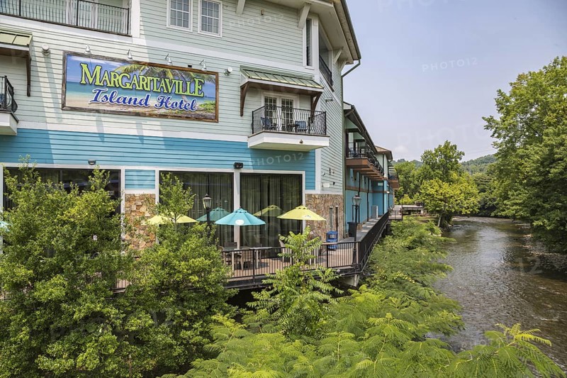 Balcony of the Margaritaville Island Hotel along the water at The Island recreation center in Pigeon Forge, Tennessee