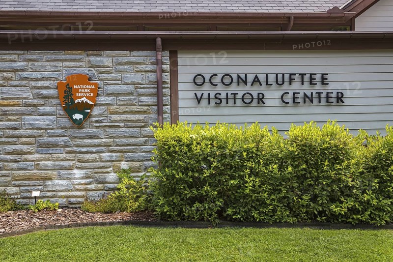 Exterior of the Oconaluftee Visitor Center at Great Smoky Mountains National Park near Cherokee, North Carolina