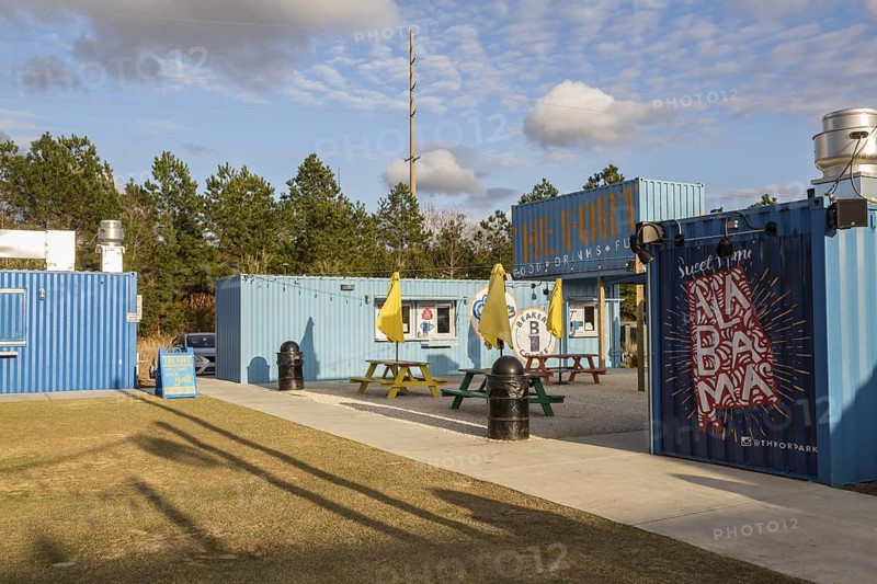 The Fort outdoor dining and entertainment hangout composed of repurposed shipping containers in Spanish Fort, Alabama, USA