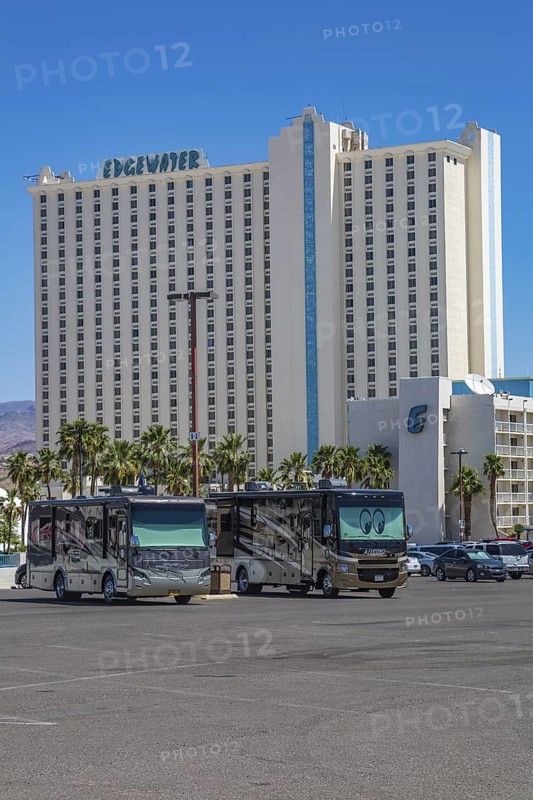Tiffin motorhomes in parking lot of Edgewater casino resort in Laughlin, Nevada