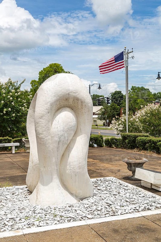 Marble sculpture outside of the front of Isabel Anderson Comer Museum and Arts Center in Sylacauga, Alabama