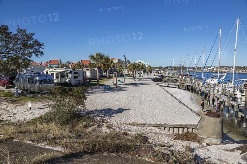 RVs parked on beach at Perdido Key RV Resort and Marina at Dolphin Pass in Perdido Key, Florida