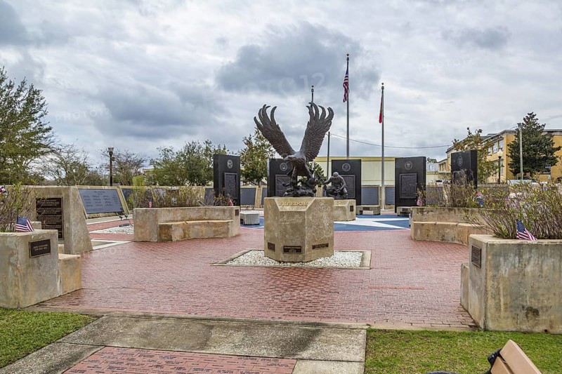 Freedom statue eagle centered in the Santa Rosa County Veterans Memorial Plaza in downtown Milton, Florida