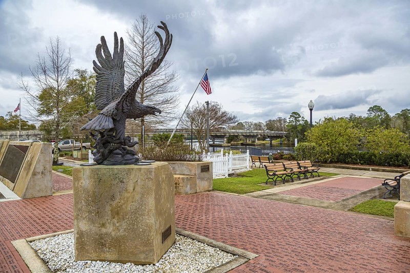 Freedom statue eagle centered in the Santa Rosa County Veterans Memorial Plaza in downtown Milton, Florida