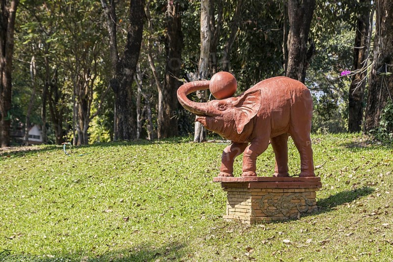 Statue of an elephant with a ball on the campus of CRRU Shiangrai Rajabhat University in Chiang Rai, Thailand