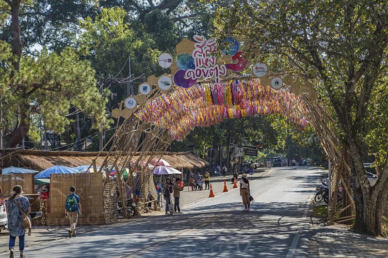 Colorful arched entrance to the Doi Tung tourist attraction in Chiang Rai, Thailand