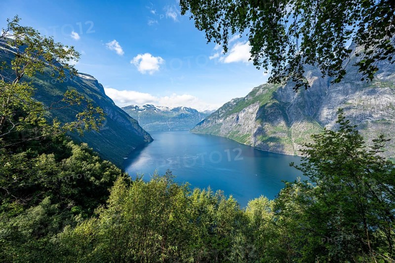 View of the idyllic fjord landscape of the Geirangerfjord at Blomberg Gård, near Geiranger, Møre og Romsdal, Norway