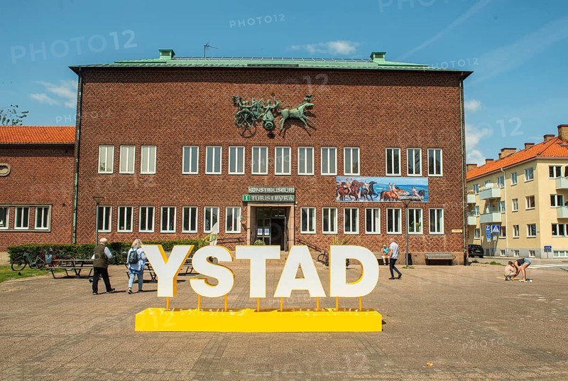 Sign YSTAD in front of the museum and art gallery in Ystad, Skåne County, Sweden, Scandinavia