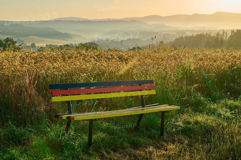 Bench in national colours with peaceful view of misty fields in the morning light, Germerode, Geo nature park Park Frau-Holle-Land, Hoher Meissner, Hesse, Germany