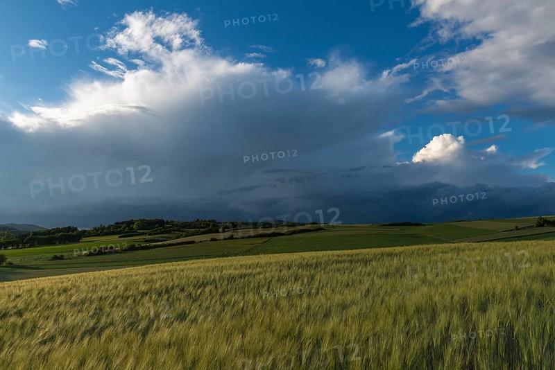 Dramatic cloudy sky with approaching storm and last rays of sunshine, Frankenhain, dark cloud wall, cumulonimbus and cumulus clouds, thunderstorm in the lift, low mountain landscape, agriculture, forest, grain field, backlight shot, municipality of Berkatal, Werra-Meissner-Kreis, Hesse, Germany
