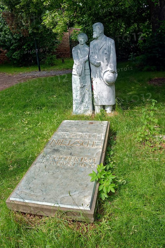 The philosopher Friedrich Nietzsche on his mother's arm at his grave, sculptures Röckener Bacchanal by Klaus F. Messerschmidt, Röcken, town of Lützen, Saxony-Anhalt, Germany