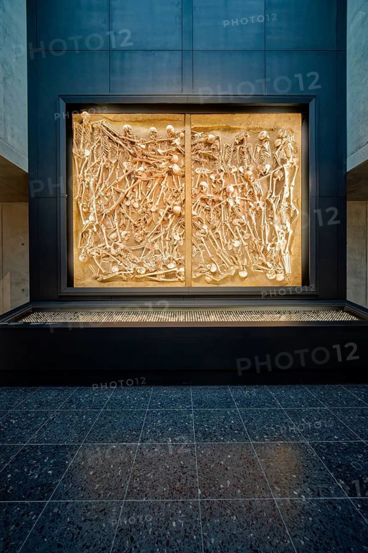 Mass grave with the bones of 47 fallen soldiers, interior photo, Museum Lützen 1632 in memory of the Battle of Lützen and the death of the Swedish King Gustav II Adolf in the Thirty Years' War from 1618 to 1648, Lützen, Saxony-Anhalt, Germany