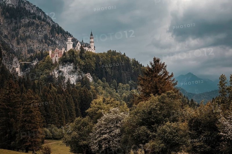 Neuschwanstein Castle towers over a wooded landscape under a dramatic sky, Schwangau, Bavaria