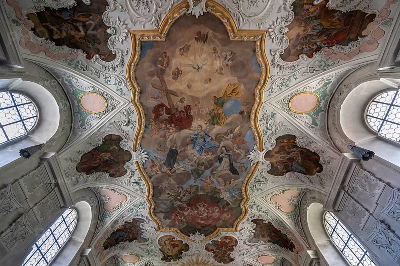Vaulted ceiling with fresco painting, St Vitus Church, destroyed around 1630, rebuilt between 1661 and 1665, Burglengenfeld, Upper Palatinate, Bavaria, Germany