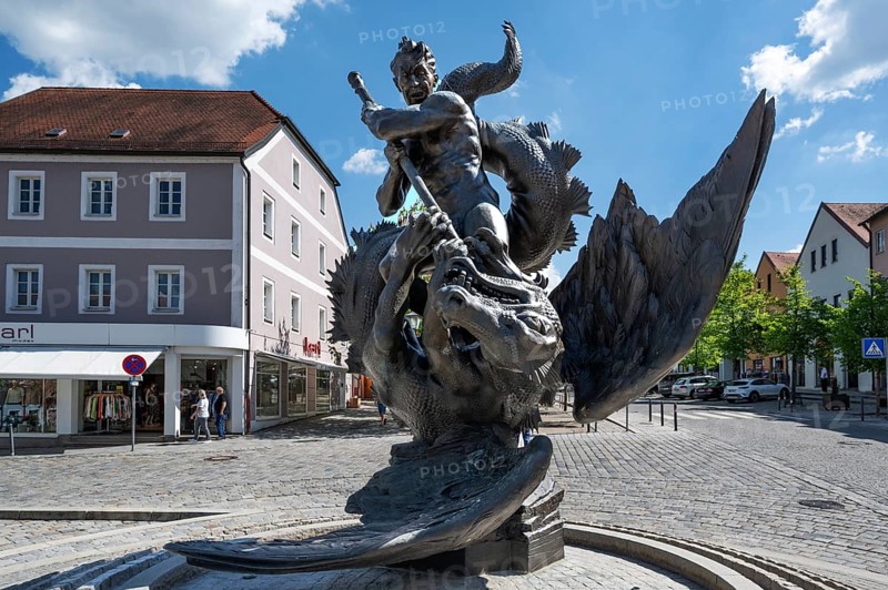 St George's Fountain, inaugurated in 1995, artist Peter Bubenik, Burglengenfeld, Upper Palatinate, Bavaria, Germany