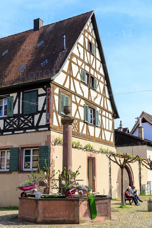 Wettebrunnen or Judenbrunnen in front of a historic half-timbered house in Endingen am Kaiserstuhl, Baden-Württemberg, Germany
