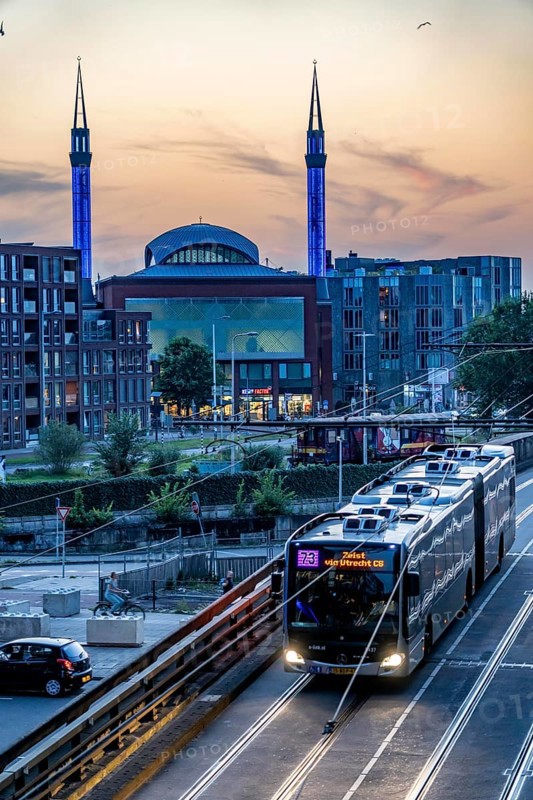Utrecht city centre, Mosque Ulu Camii, Mosque at Utrecht Centraal station, trams, public transport stop, Netherlands