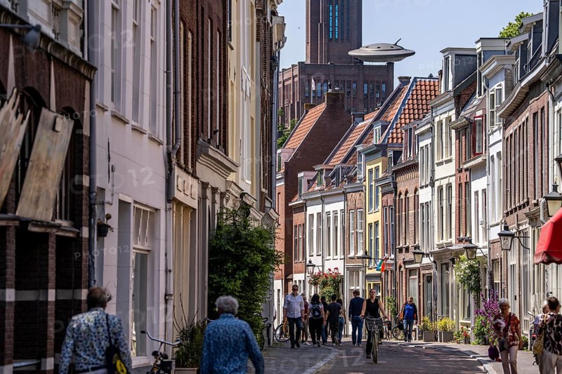 Utrecht, Netherlands, historic centre, Haverstraat, old town houses, lanterns, residential buildings, in the background building Inktpot, highest brick building in the Netherlands, office building, UFO on the roof, object of an earlier exhibition